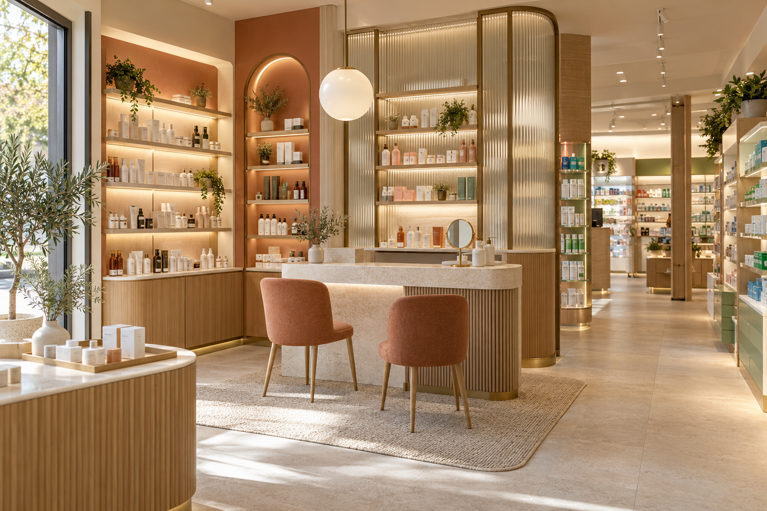 Concepto visual de un espacio de asesoramiento dermocosmético en tonos terracota y madera