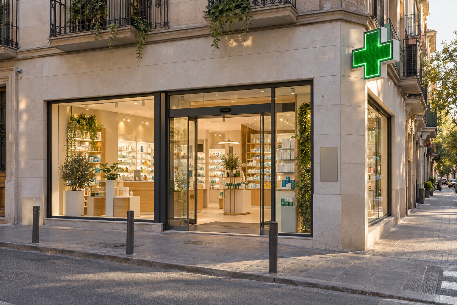Visualización de una farmacia en esquina con escaparates y cruz LED