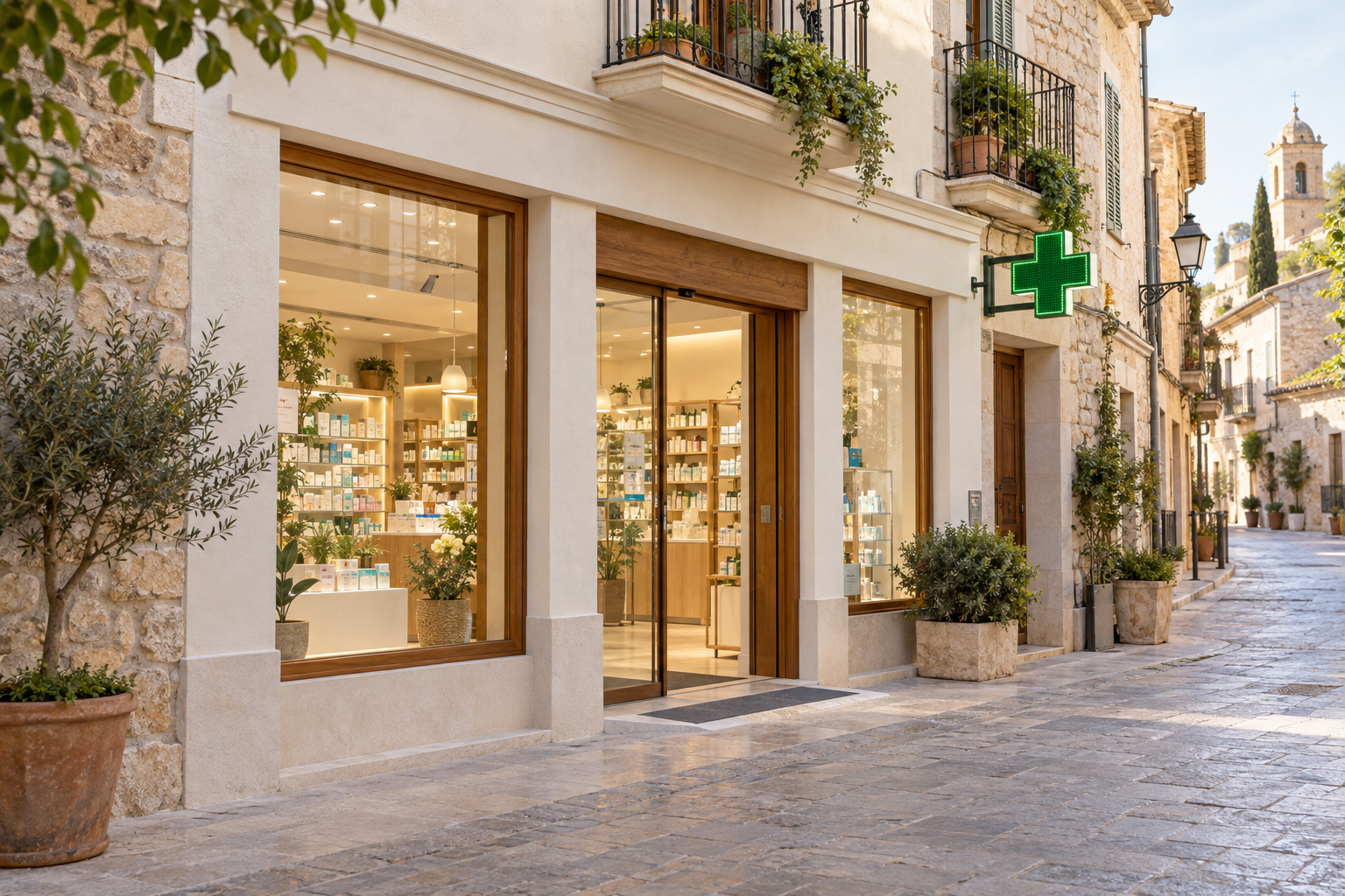Visualización de una fachada de farmacia renovada en una calle histórica
