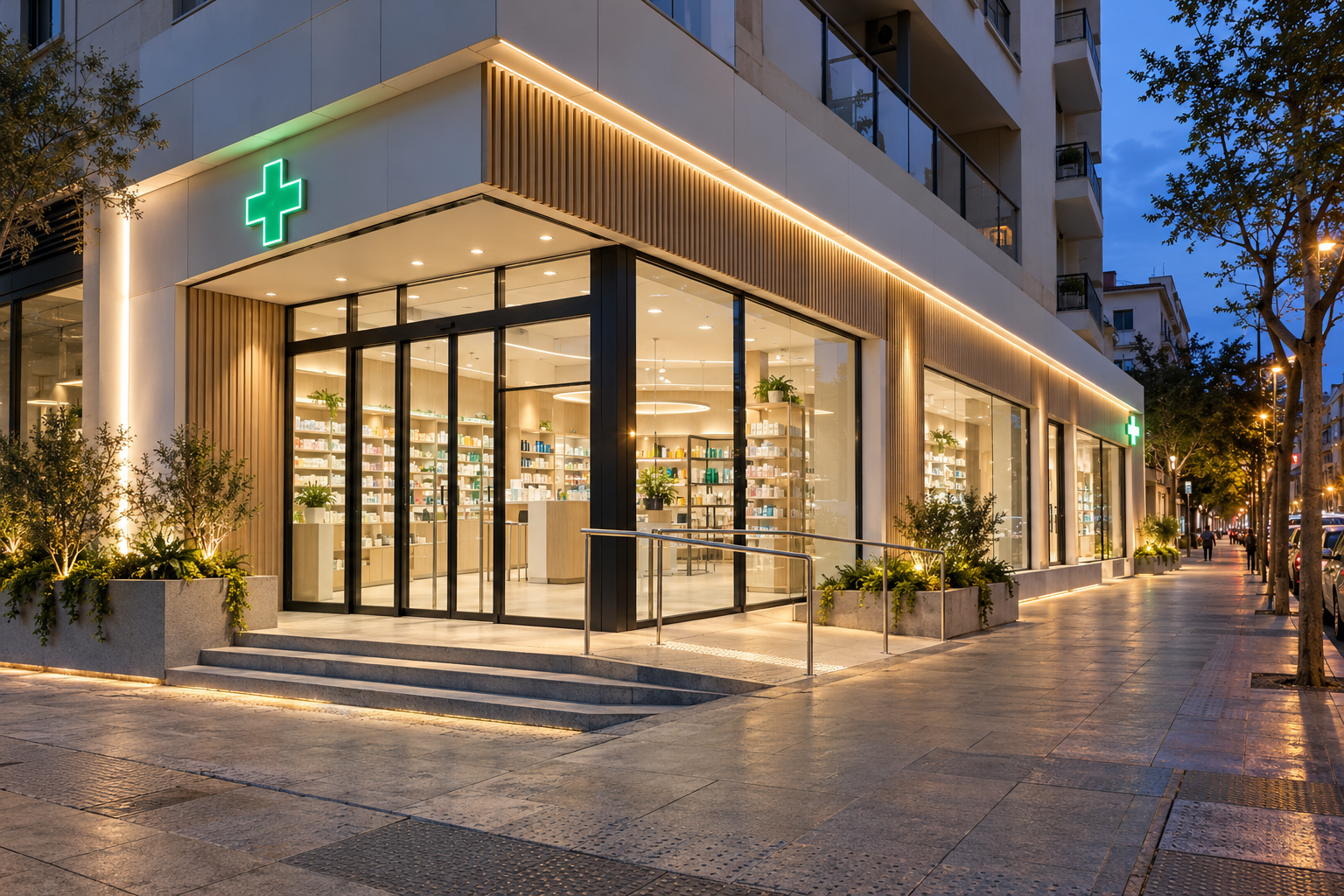 Visualización nocturna de una farmacia con iluminación cálida y escaparates