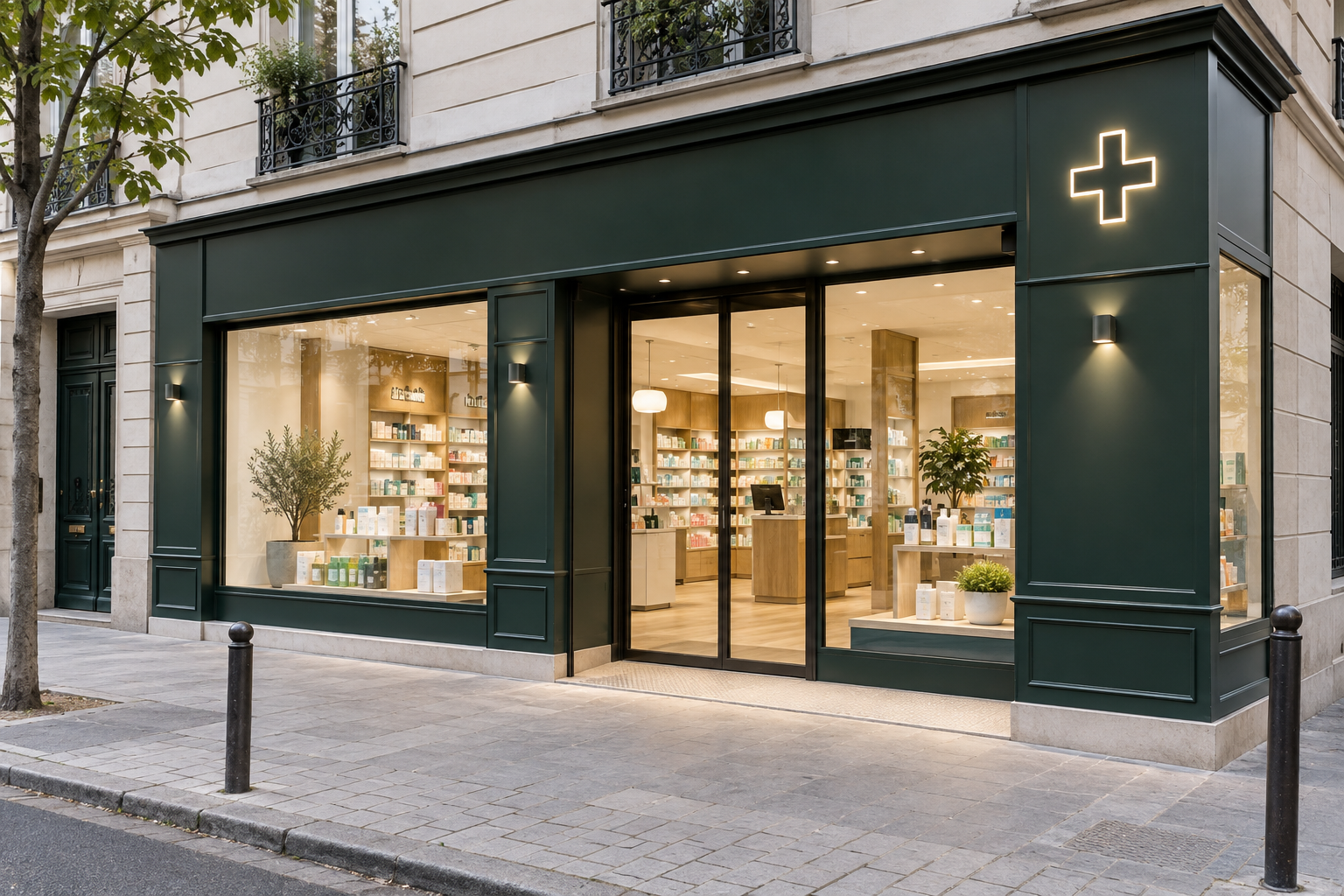 Visualización de una farmacia con fachada verde y cruz luminosa