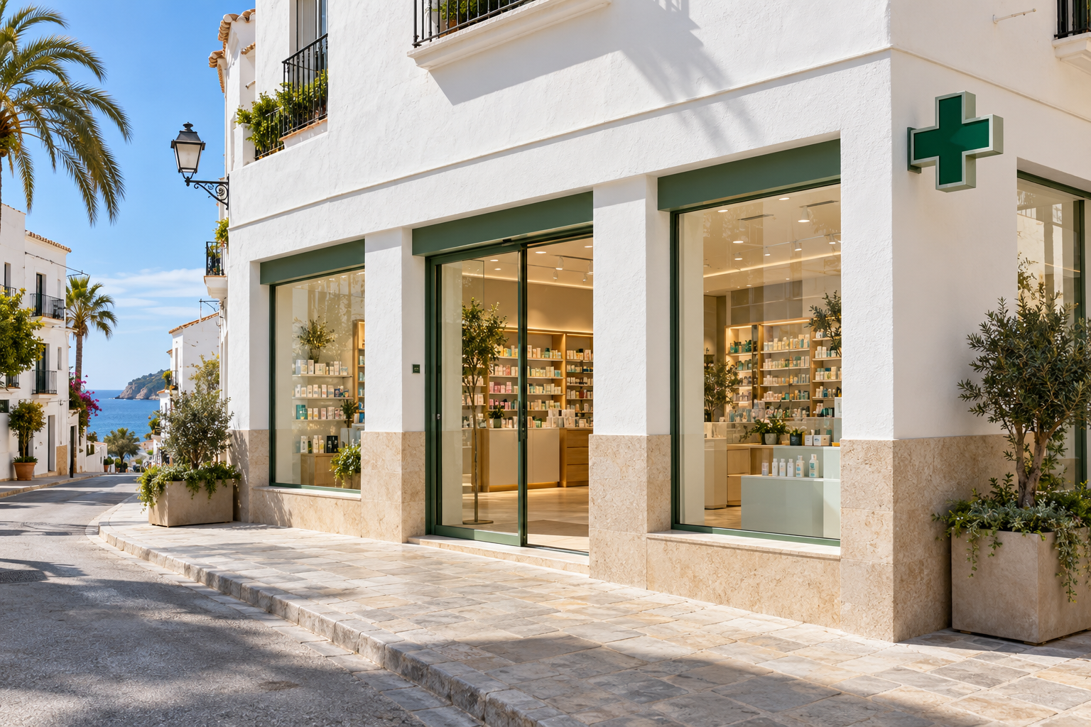 Visualización de una farmacia de estilo mediterráneo en un pueblo costero
