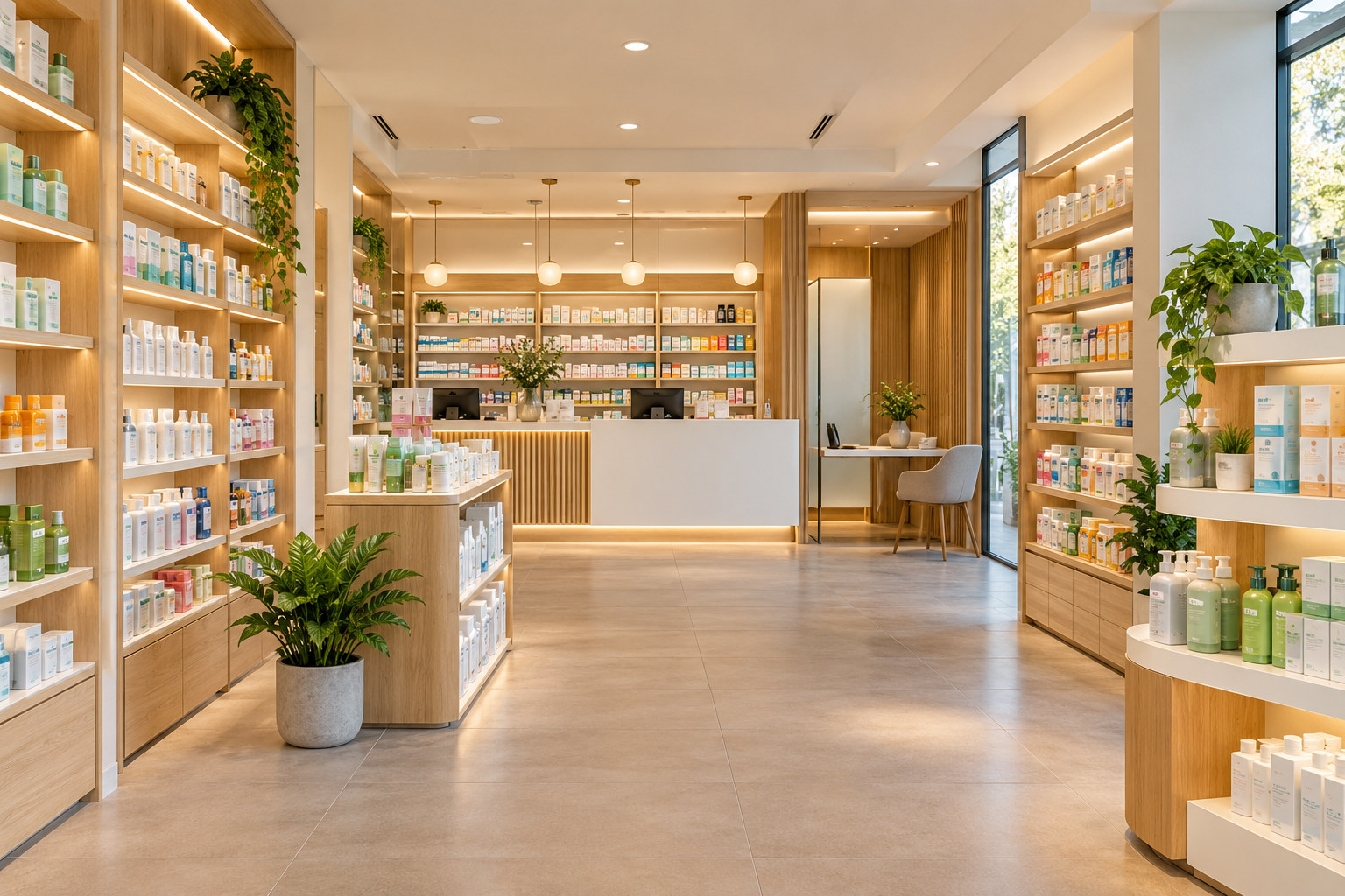 Visualización de un interior de farmacia con madera clara y mostrador central
