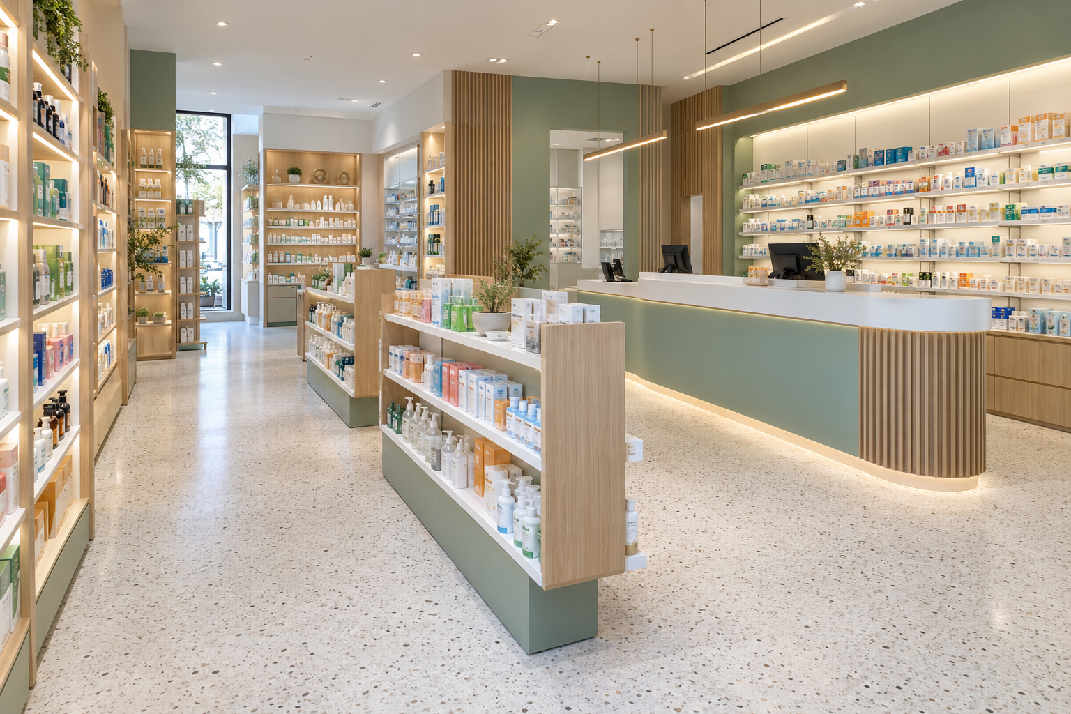 Visualización de un interior de farmacia en tonos salvia con mostrador amplio