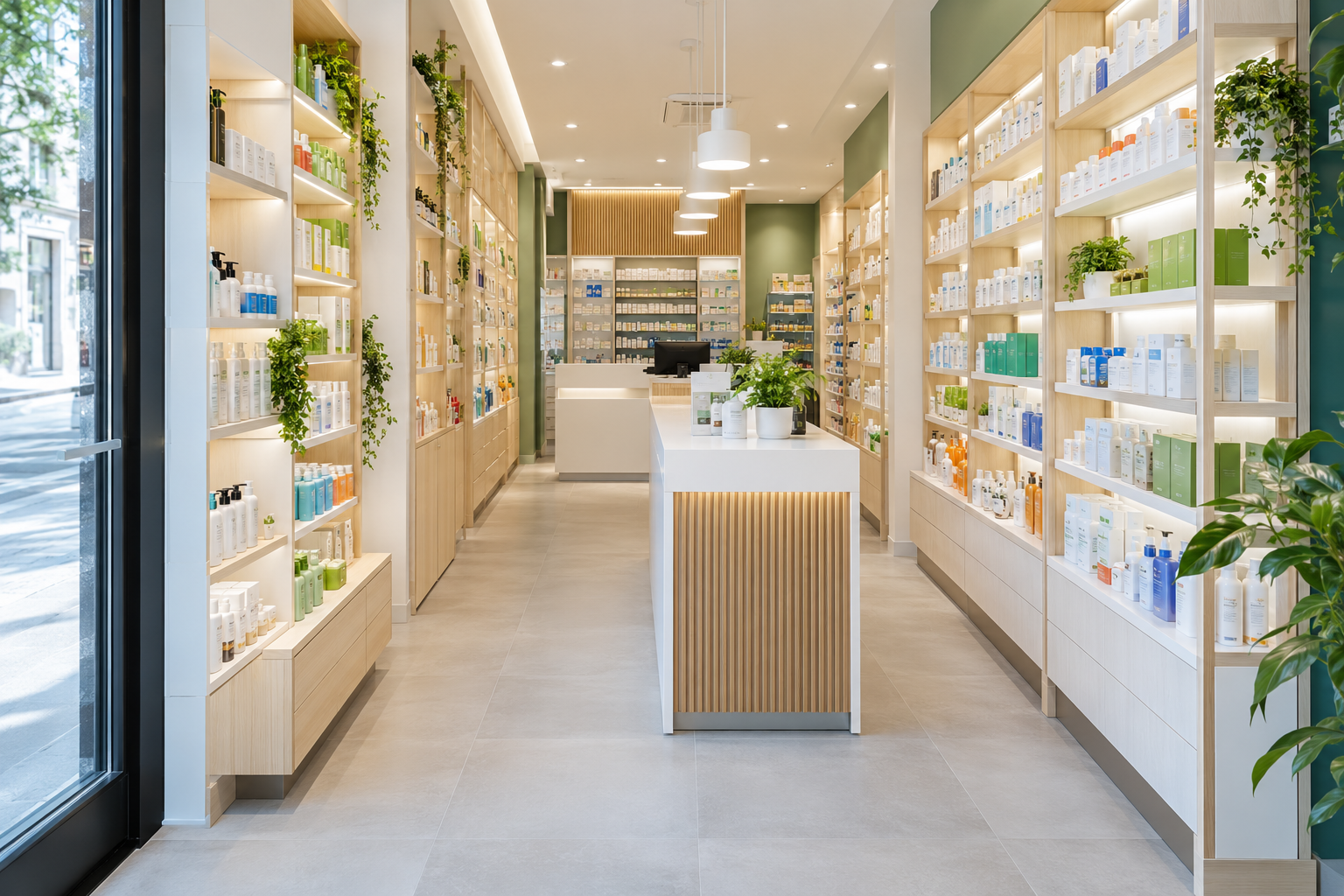 Visualización de un interior de farmacia urbana con pasillos despejados