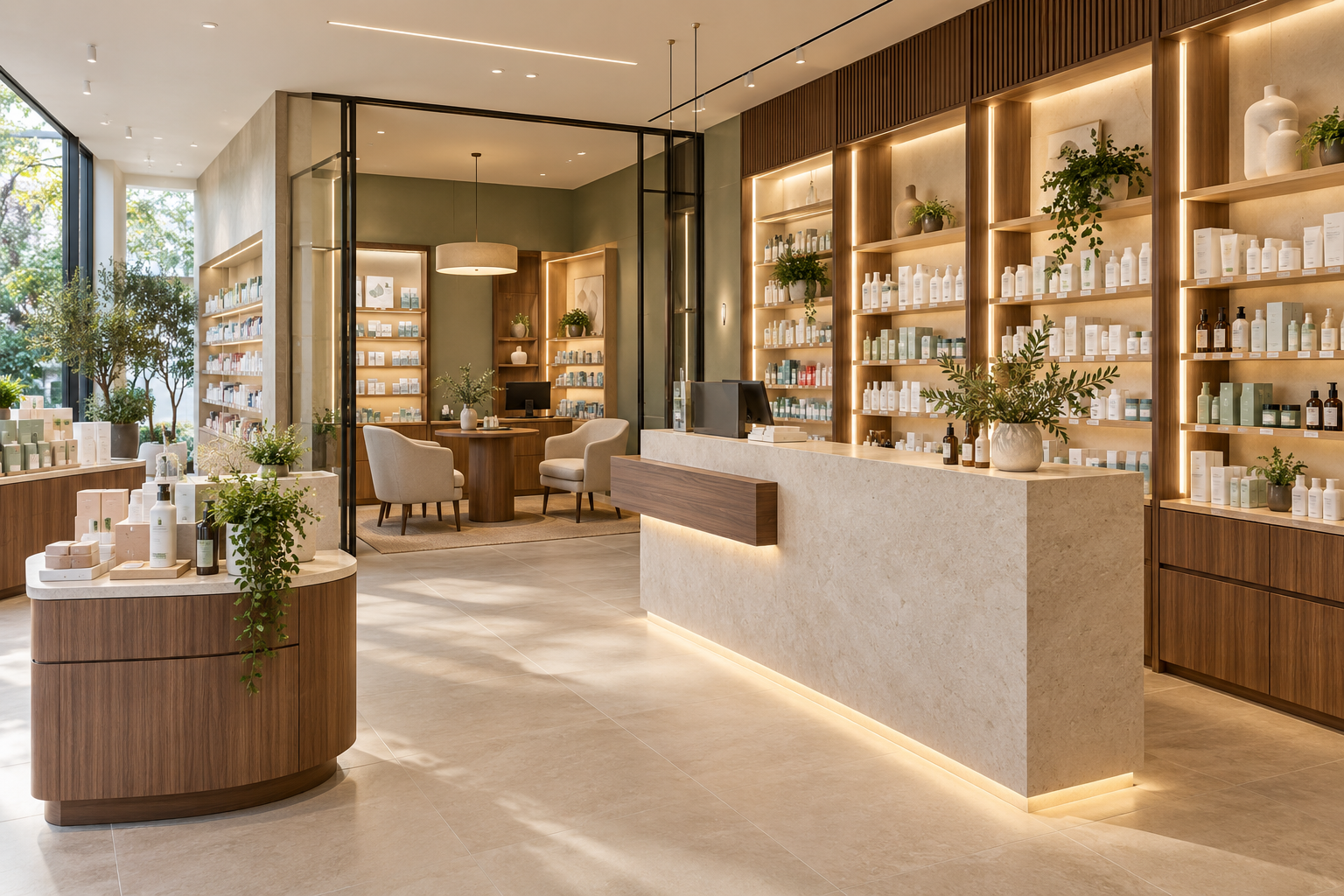 Visualización de una farmacia con área de bienestar y expositores iluminados