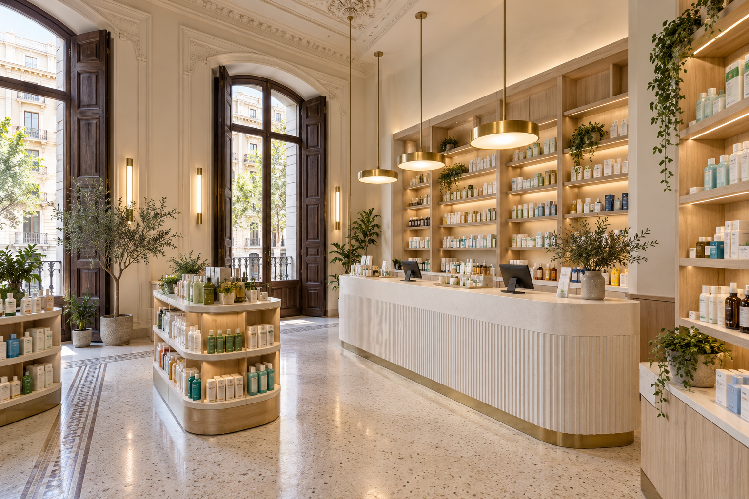 Visualización de un interior de farmacia renovado en un edificio histórico