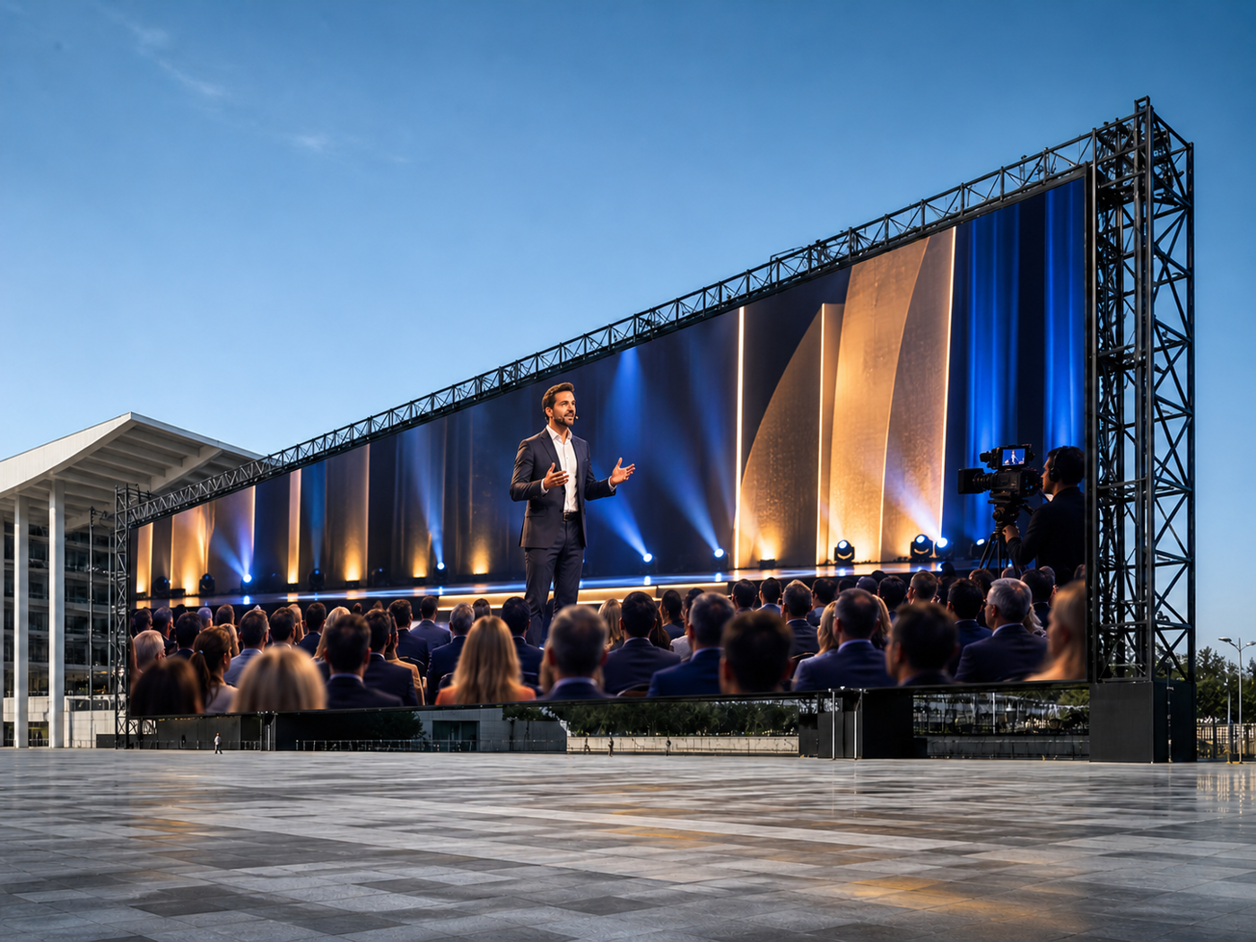 Pantalla LED gigante mostrando una conferencia profesional