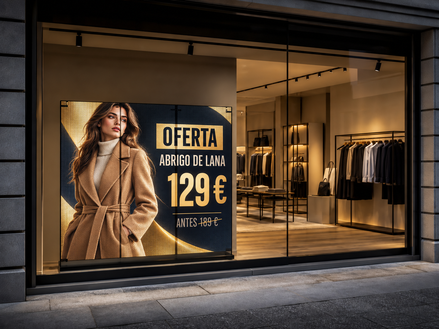 Pantalla LED de escaparate con oferta de un abrigo de lana