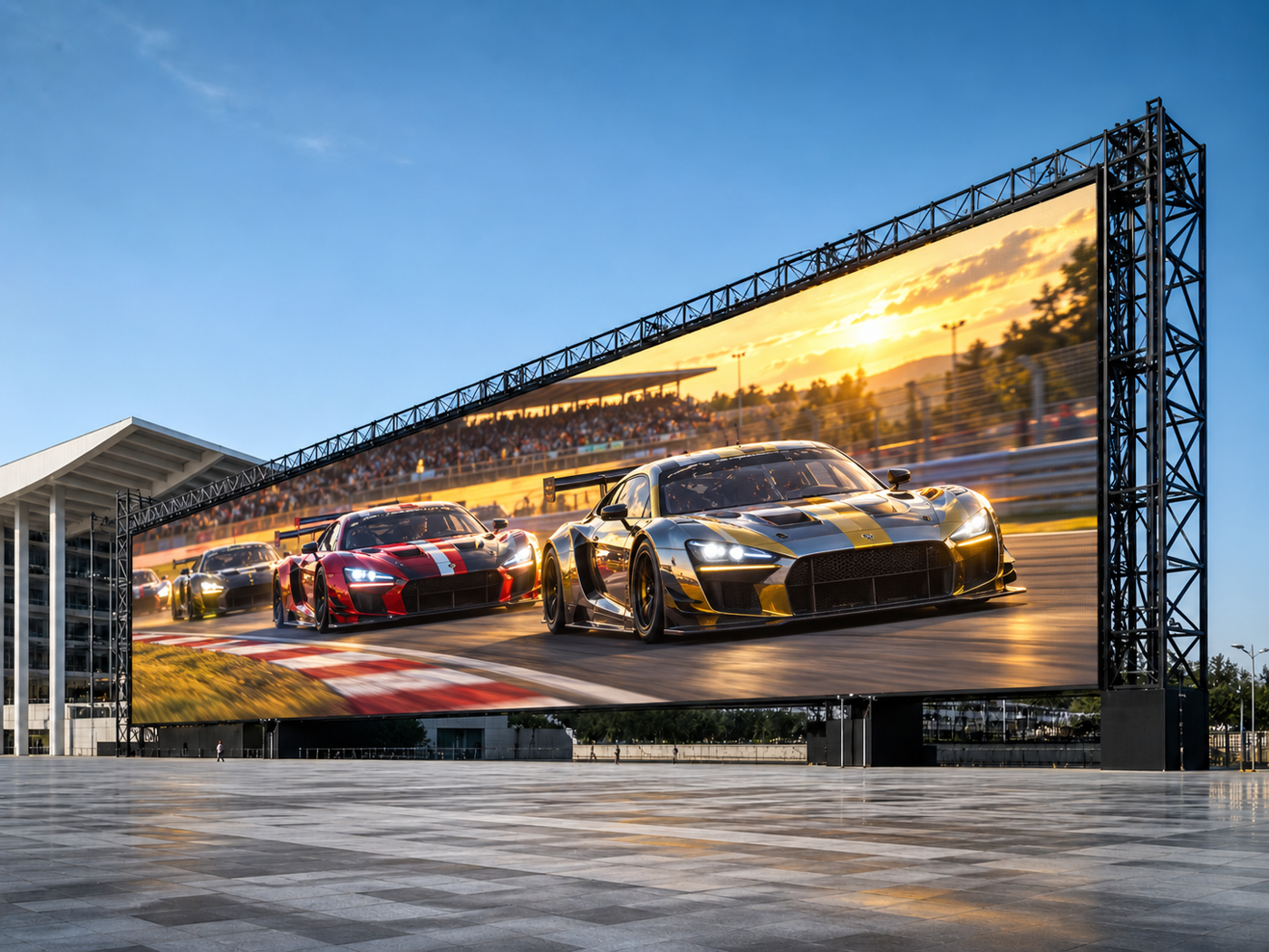 Pantalla LED exterior mostrando una carrera de coches